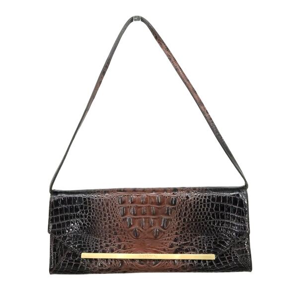 Brahmin Bag Womens Brown Leather Alligator Embossed Clutch Handbag Strap Pecan - Picture 1 of 15